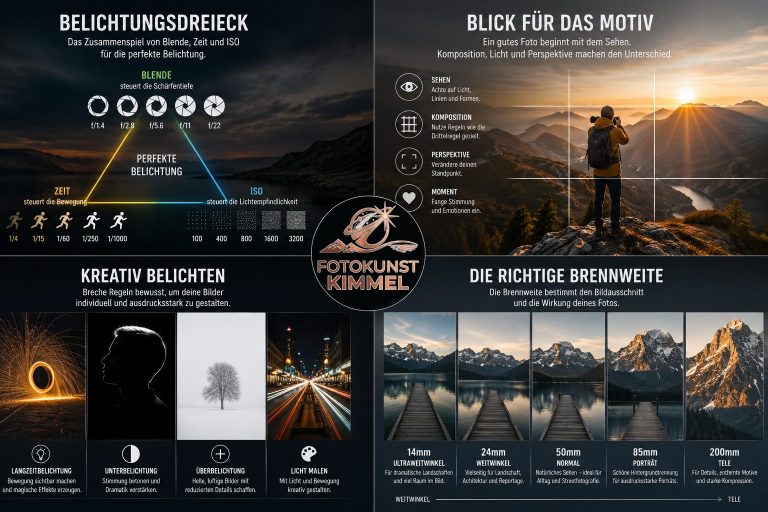Grundlagen-Workshop – Raus aus der Automatik Infografik zum Grundlagen-Workshop in Wetzlar: Belichtungsdreieck, Bildgestaltung, kreatives Belichten und Brennweite